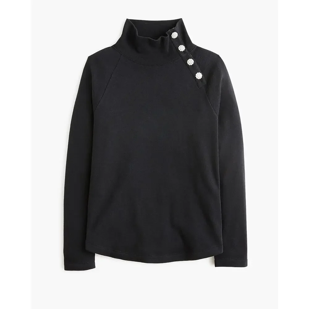 J Crew Jewel Button Mockneck Pullover Sweater Sz XL Black Loose Fit Minimal NWT
